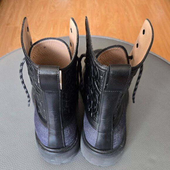 Salvatore Ferragamo Gancini-Embossed Calf Leather and Denim Lace-Up Combat Boots - Picture 5 of 10